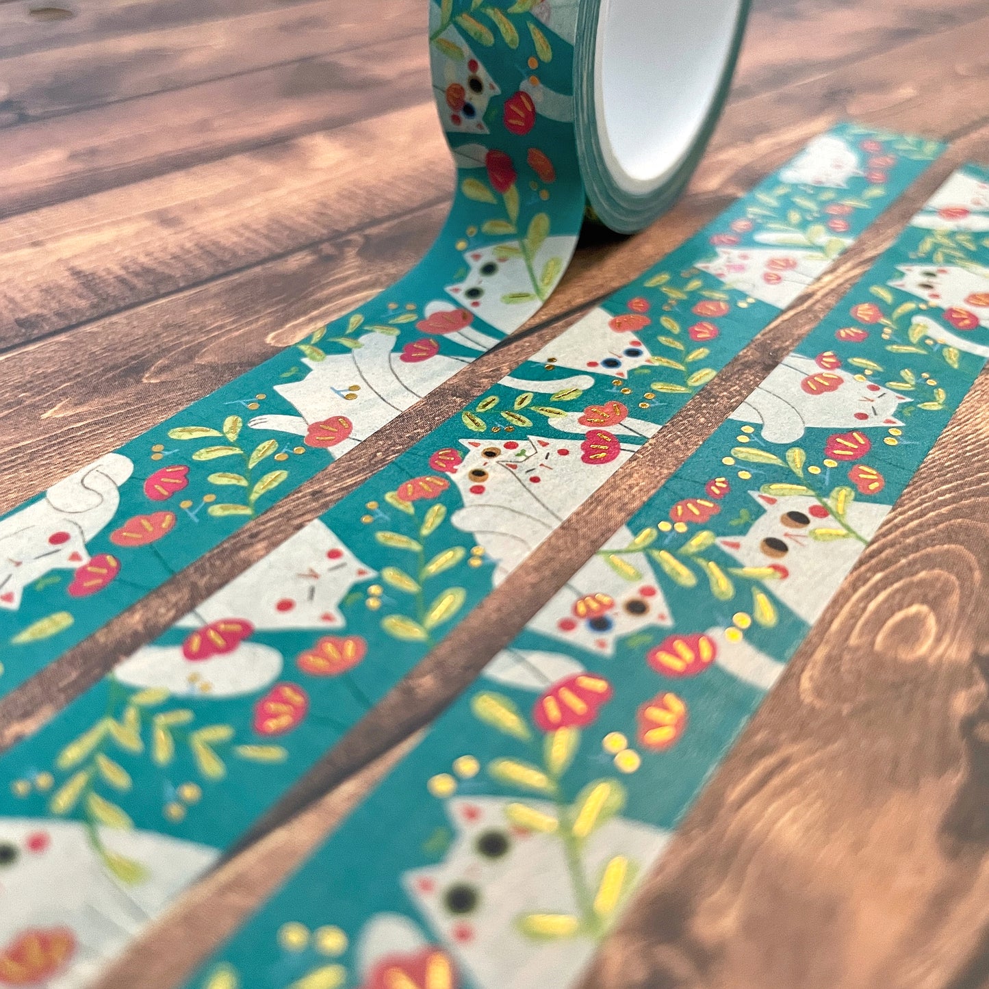 White Winter Cats with Gold Foil Detail 15mm Standard Washi Tape