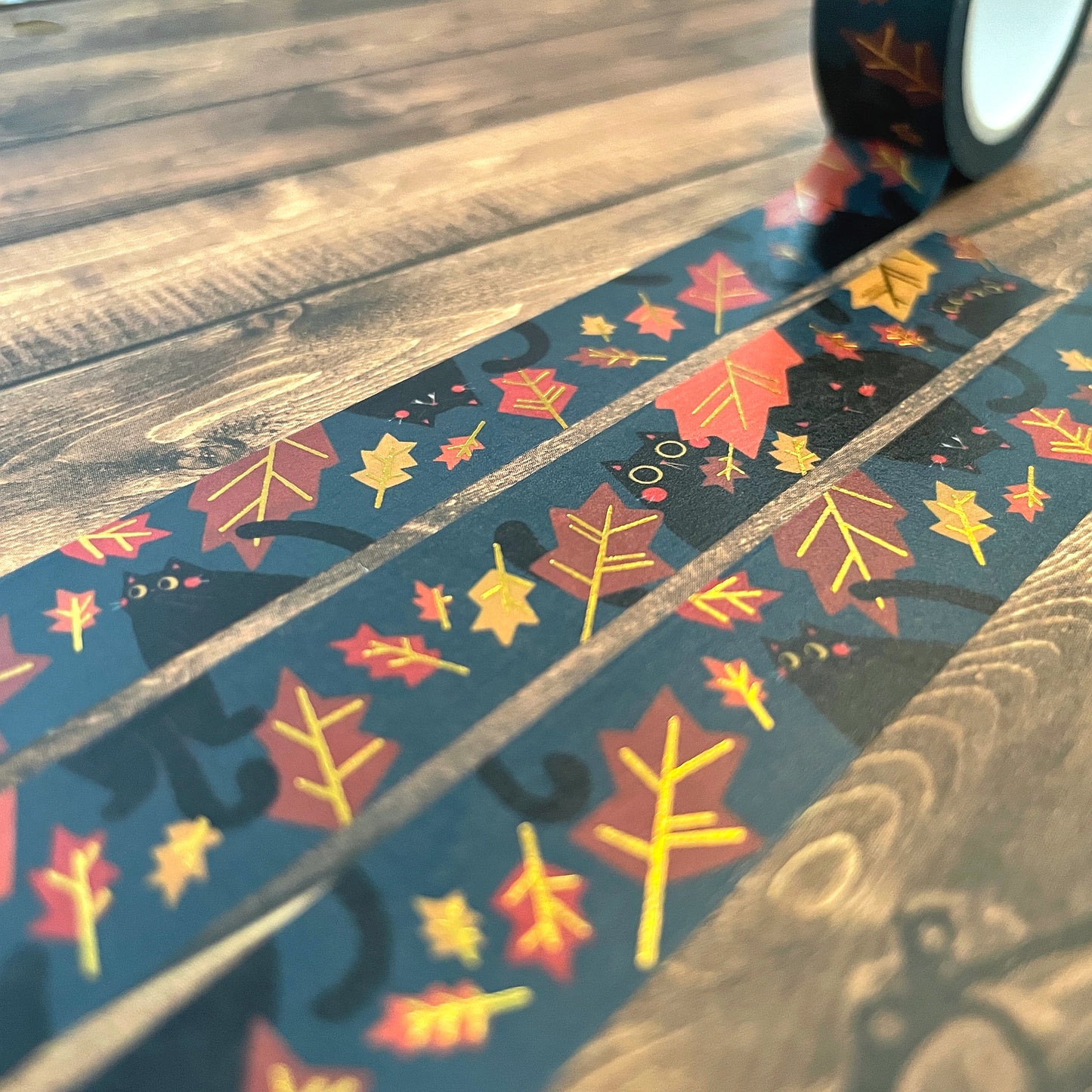 Black Autumn Cats with Gold Foil Detail 15mm Standard Washi Tape