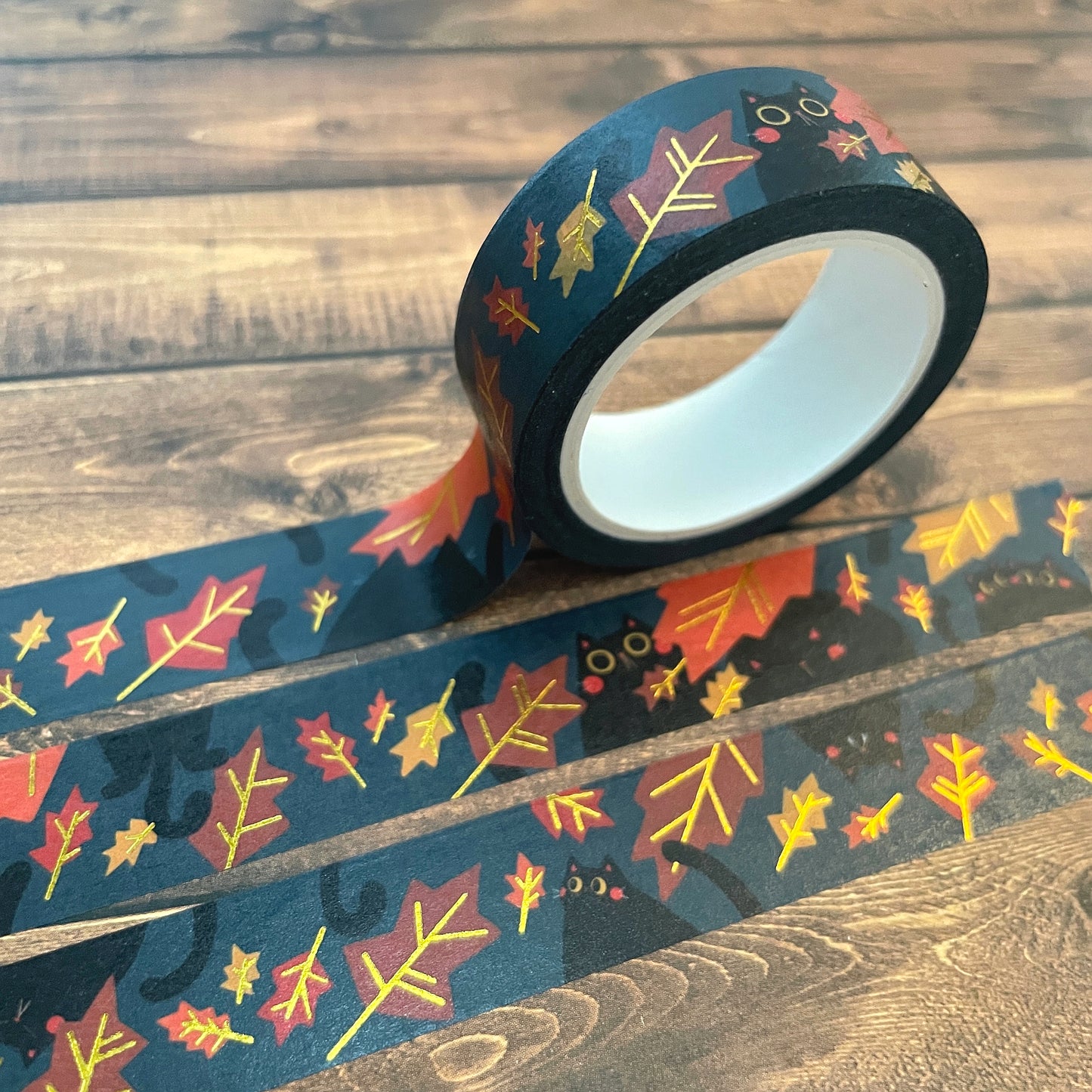 Black Autumn Cats with Gold Foil Detail 15mm Standard Washi Tape