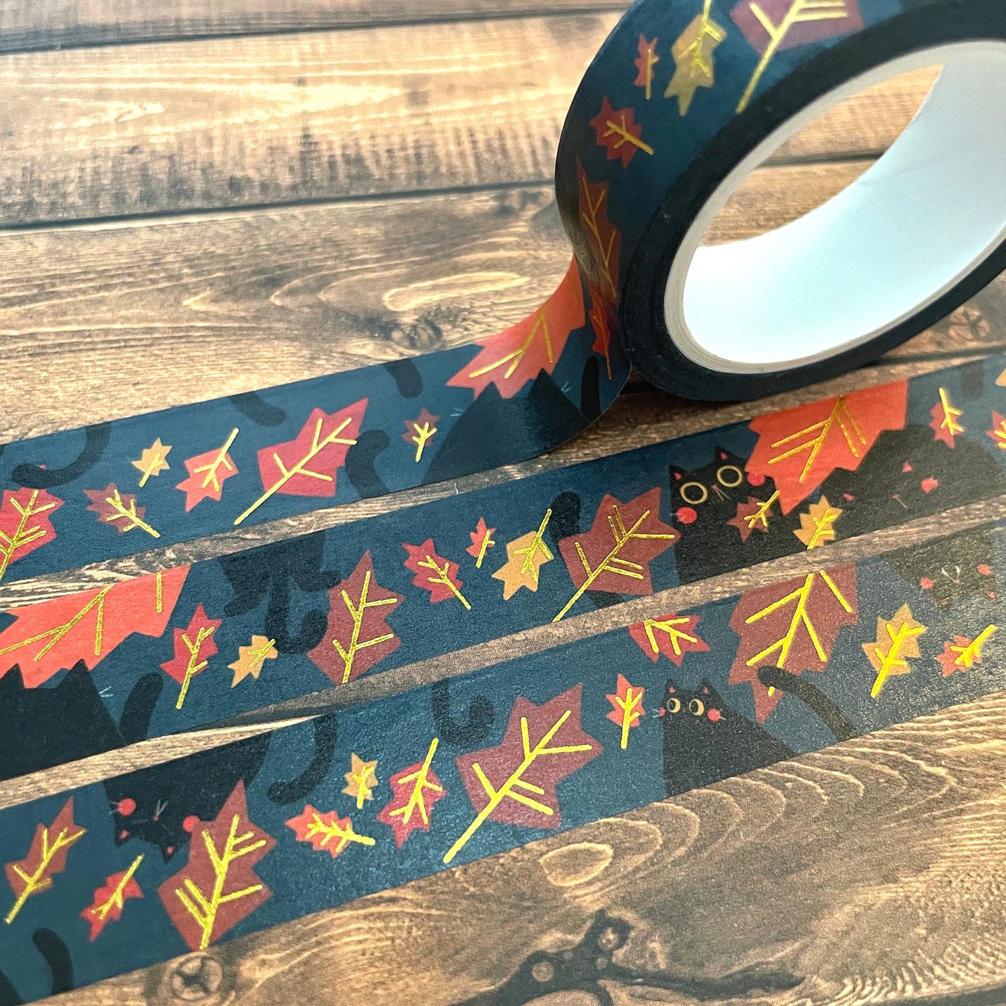 Black Autumn Cats with Gold Foil Detail 15mm Standard Washi Tape