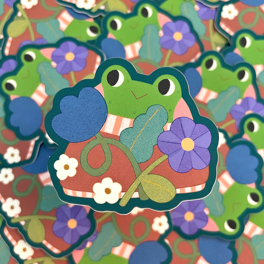 Sweater Frog with Flowers Matte Die-cut Sticker