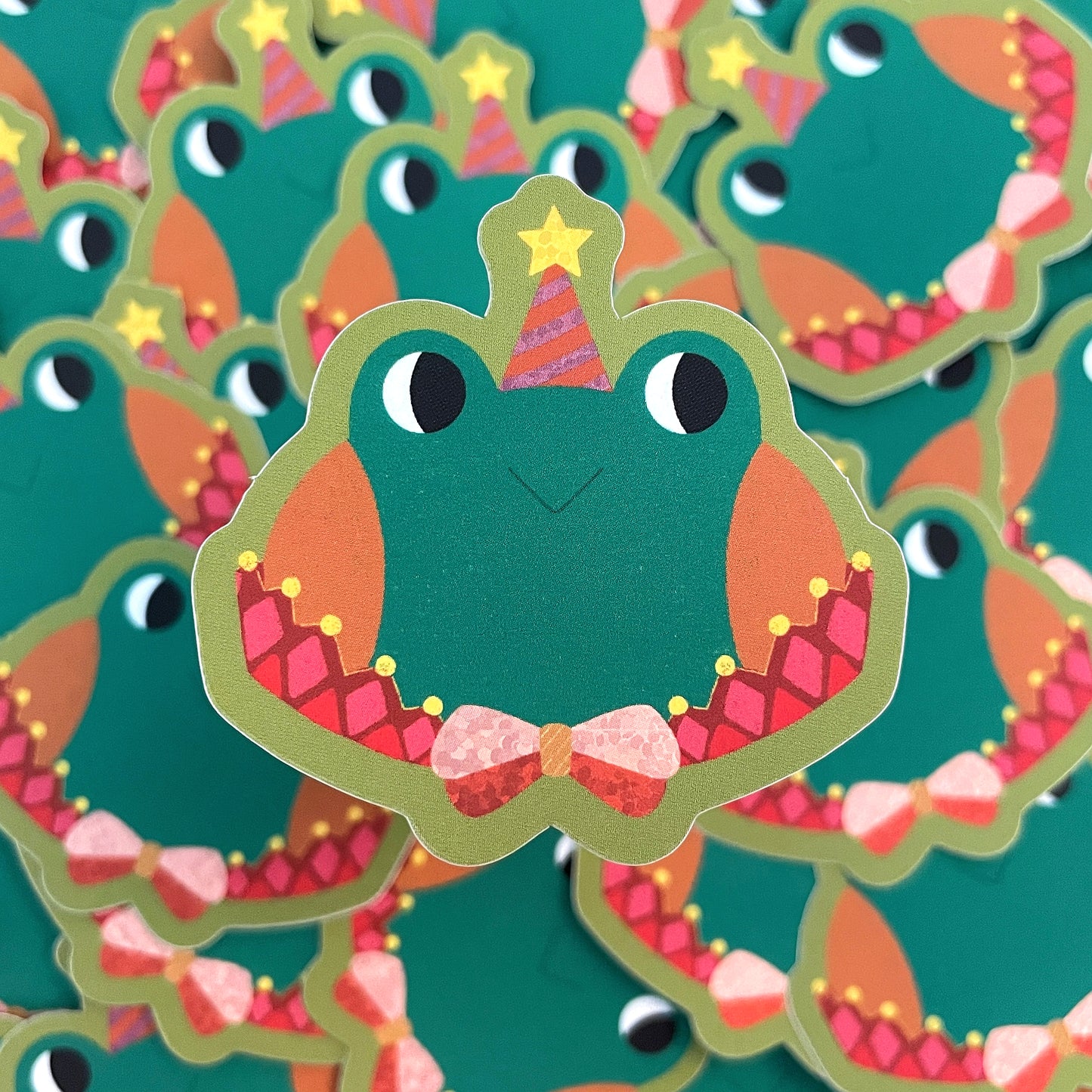 Frog in Party Hat Glitter Matte Die-cut Sticker