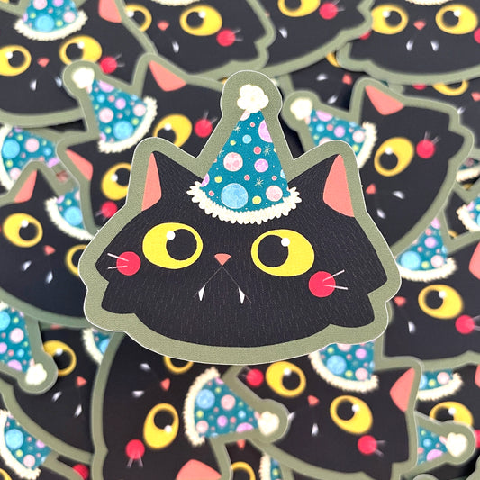 Black Cat in Party Hat Glitter Matte Die-cut Sticker