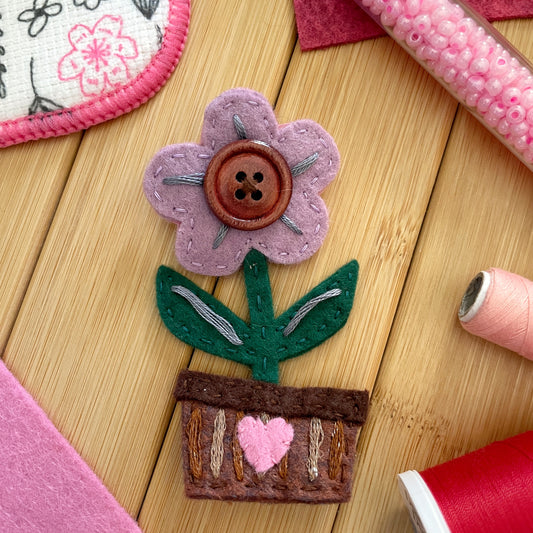 Purple Flower in Heart Pot Valentine's Day Felt Pin