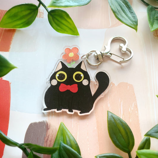 Black Cat with Flower Acrylic Keychain