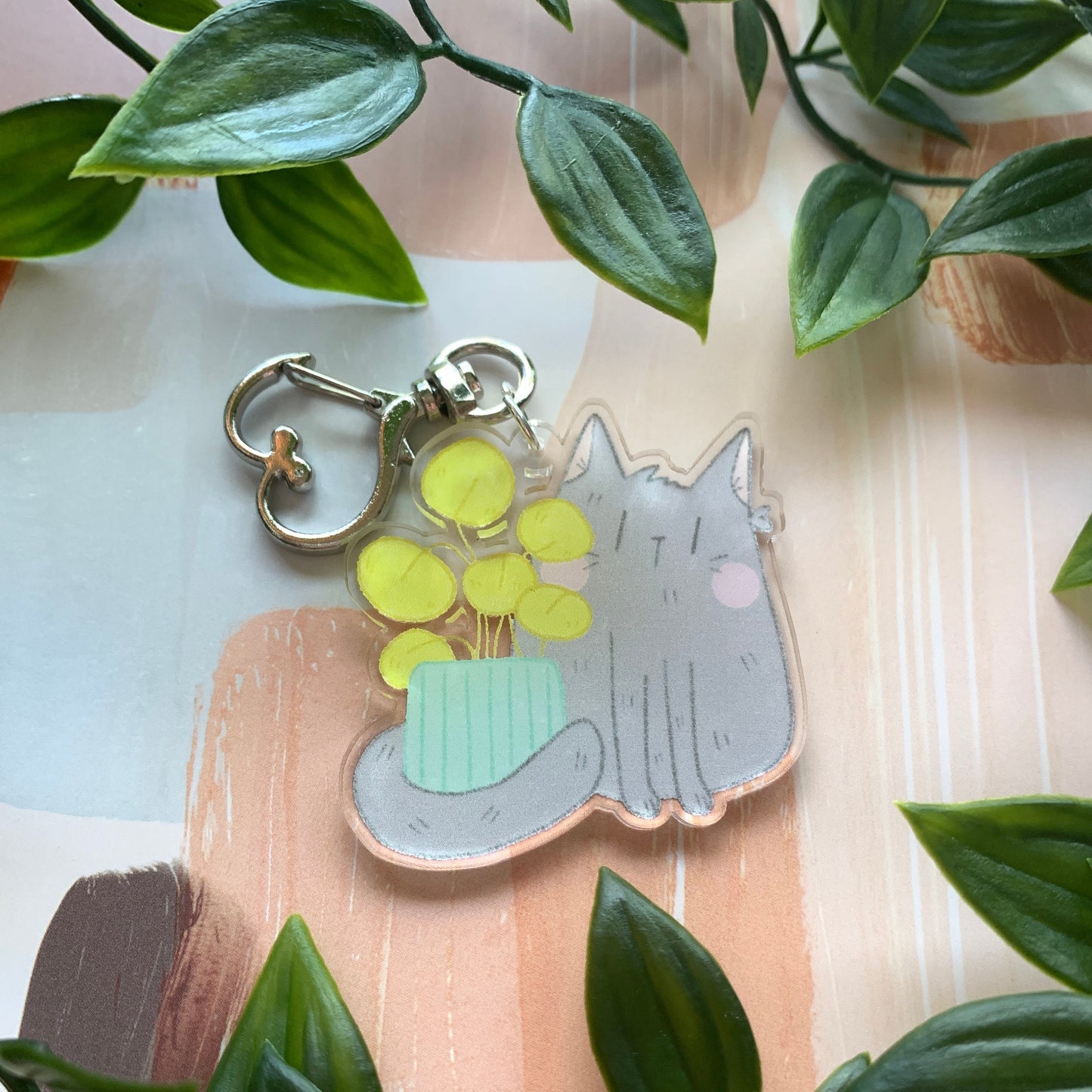 Grey Cat with Planter Acrylic Keychain