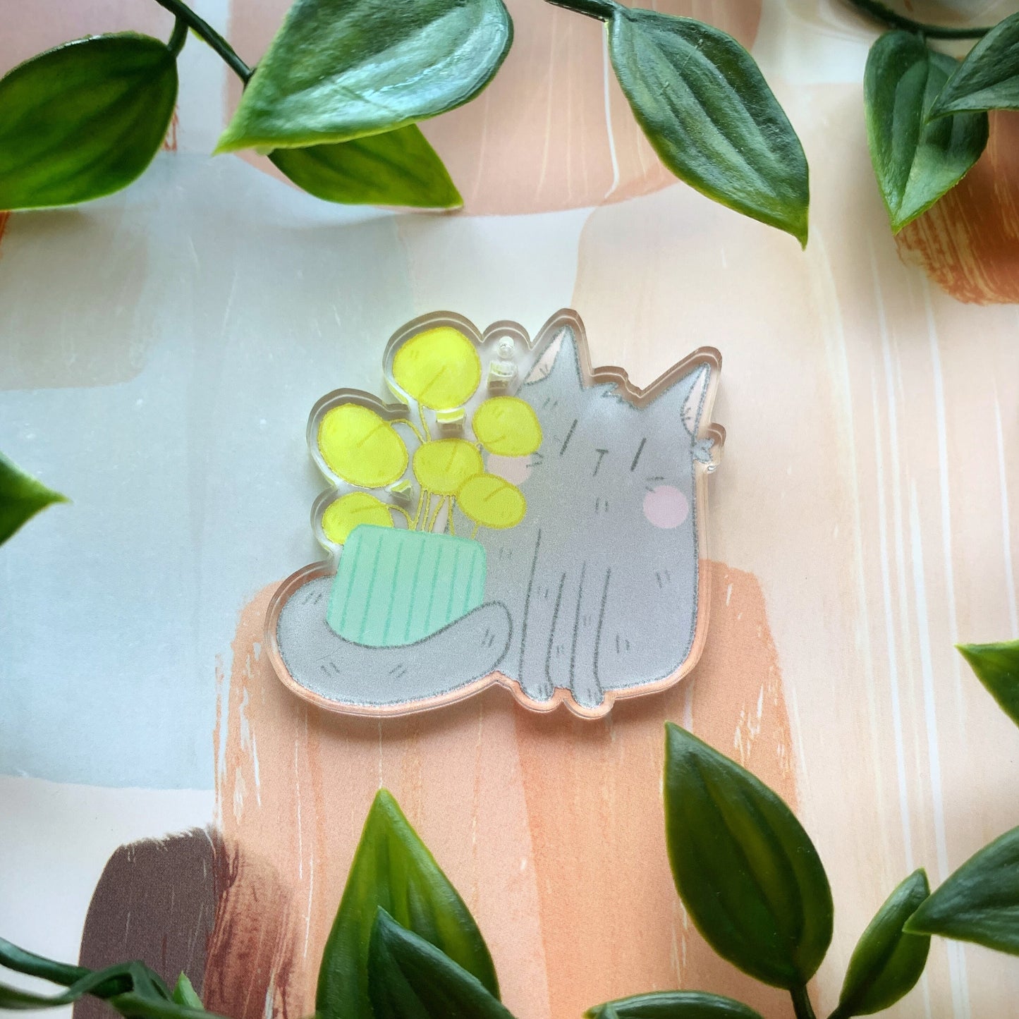 Grey Cat with Planter Acrylic Keychain