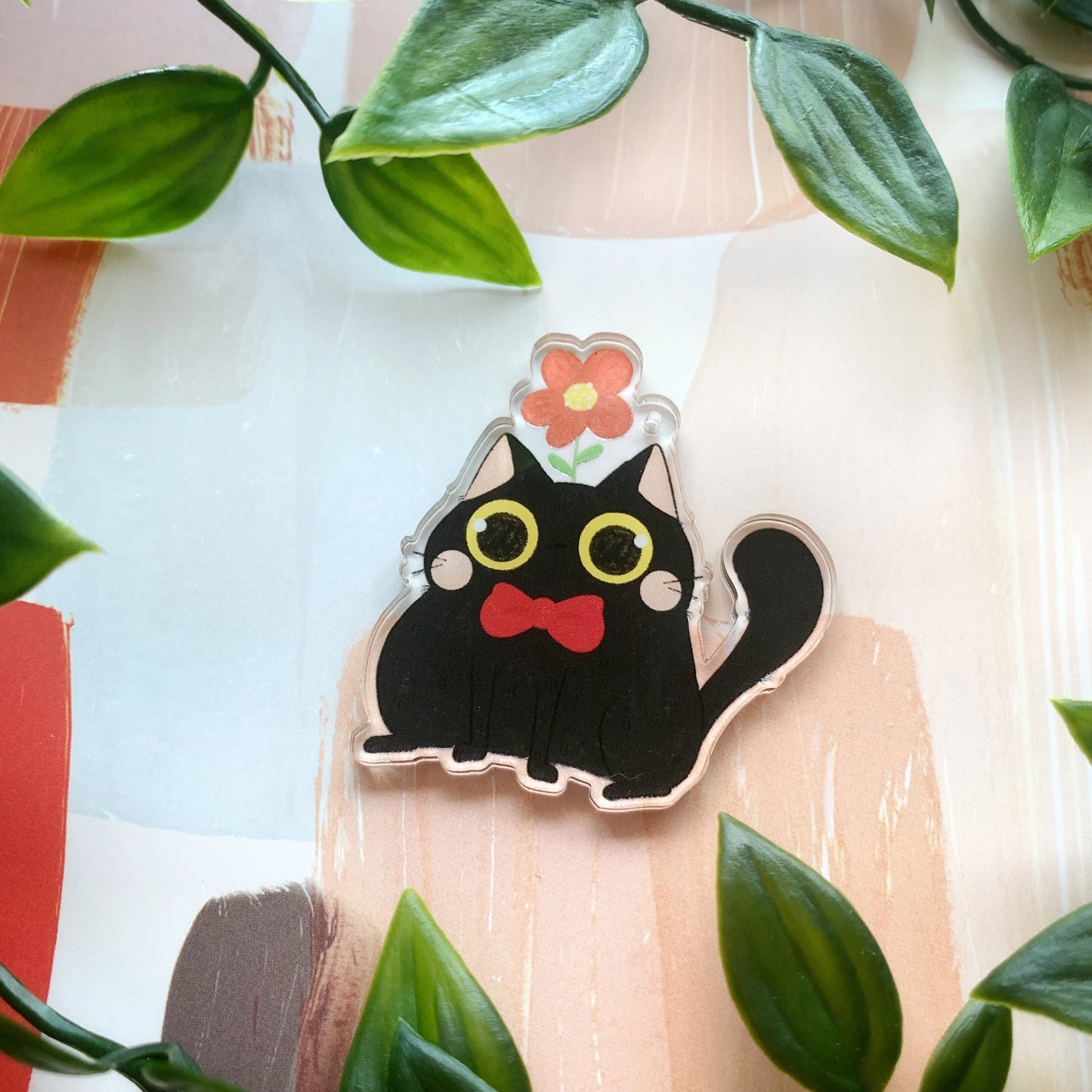 Black Cat with Flower Acrylic Keychain