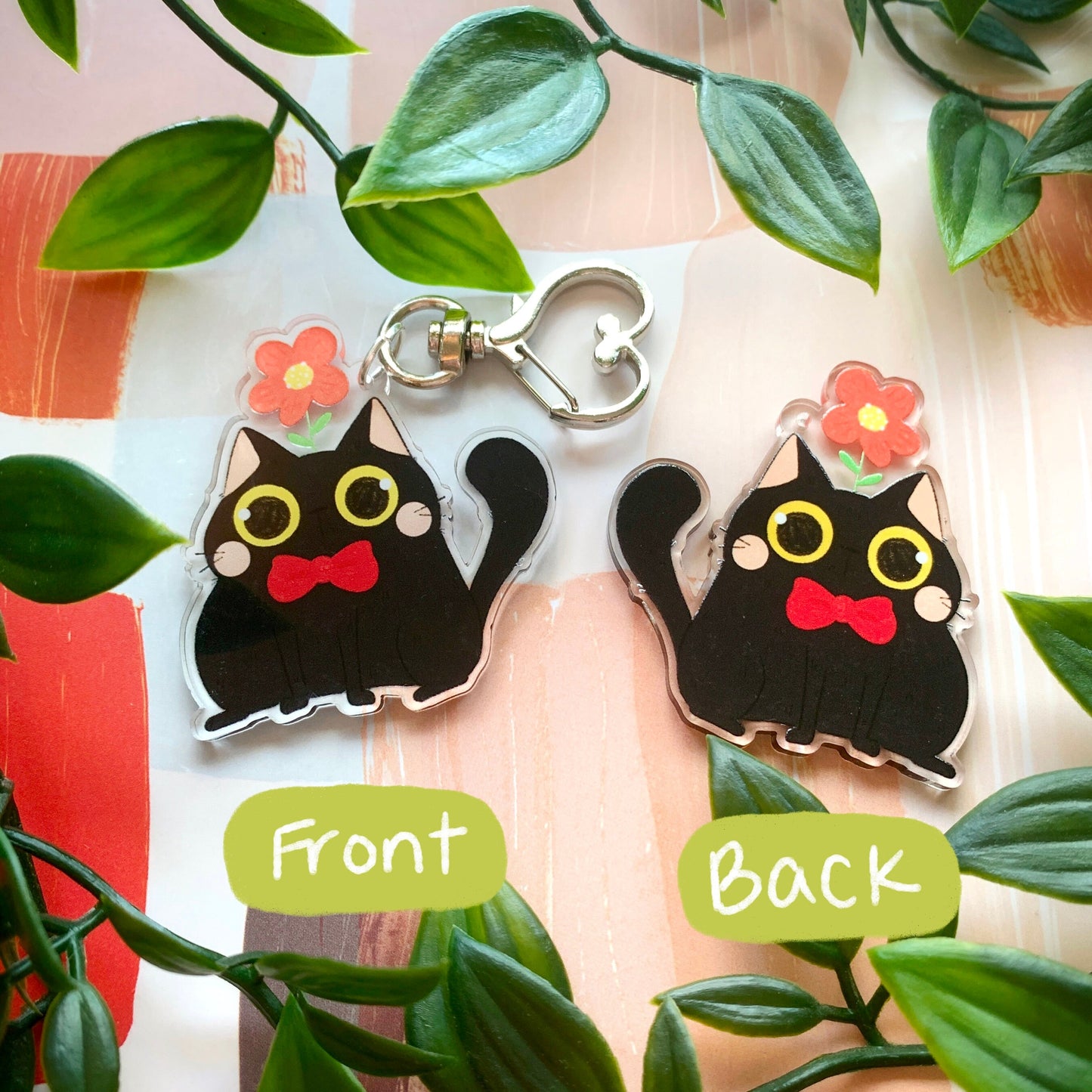 Black Cat with Flower Acrylic Keychain