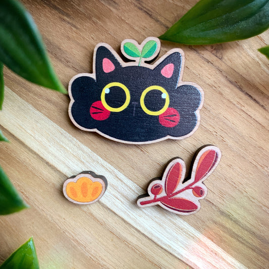 Black Cat Cherry Wood Pin Set