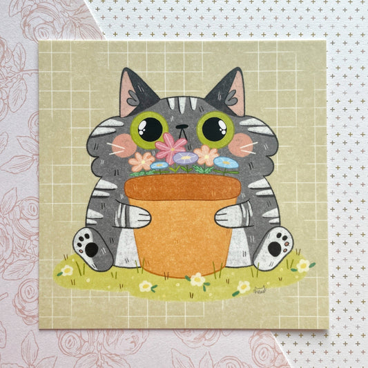 Tabby Cat Flower Pot Soft Touch Postcard Print