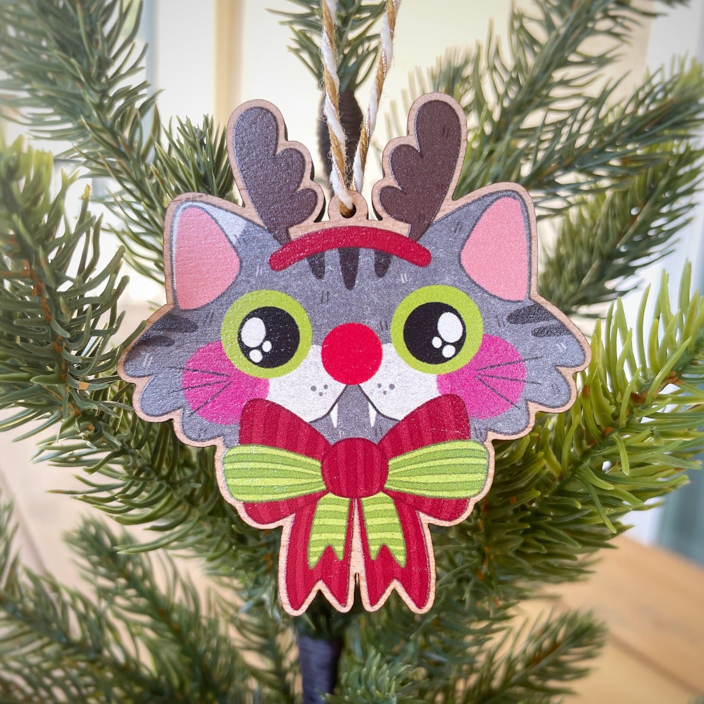 Red Nose Reindeer Cat Cherry Wood Ornament with String