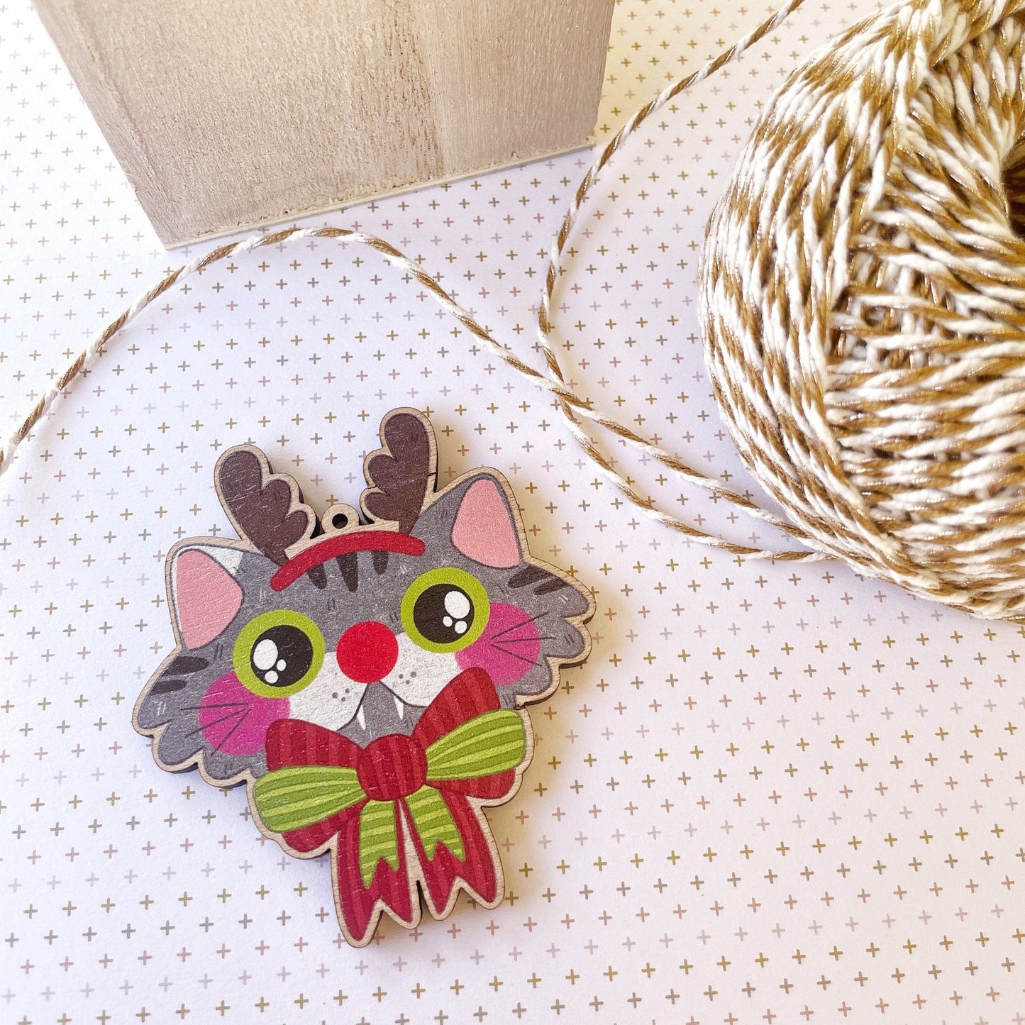 Red Nose Reindeer Cat Cherry Wood Ornament with String