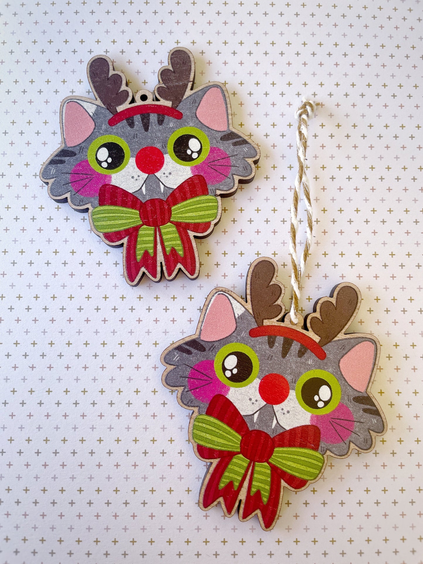 Red Nose Reindeer Cat Cherry Wood Ornament with String