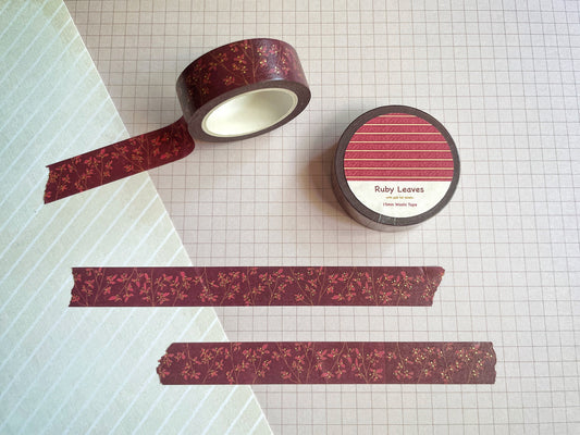 Ruby Leaves with Gold Foil Details Standard 15mm Washi Tape