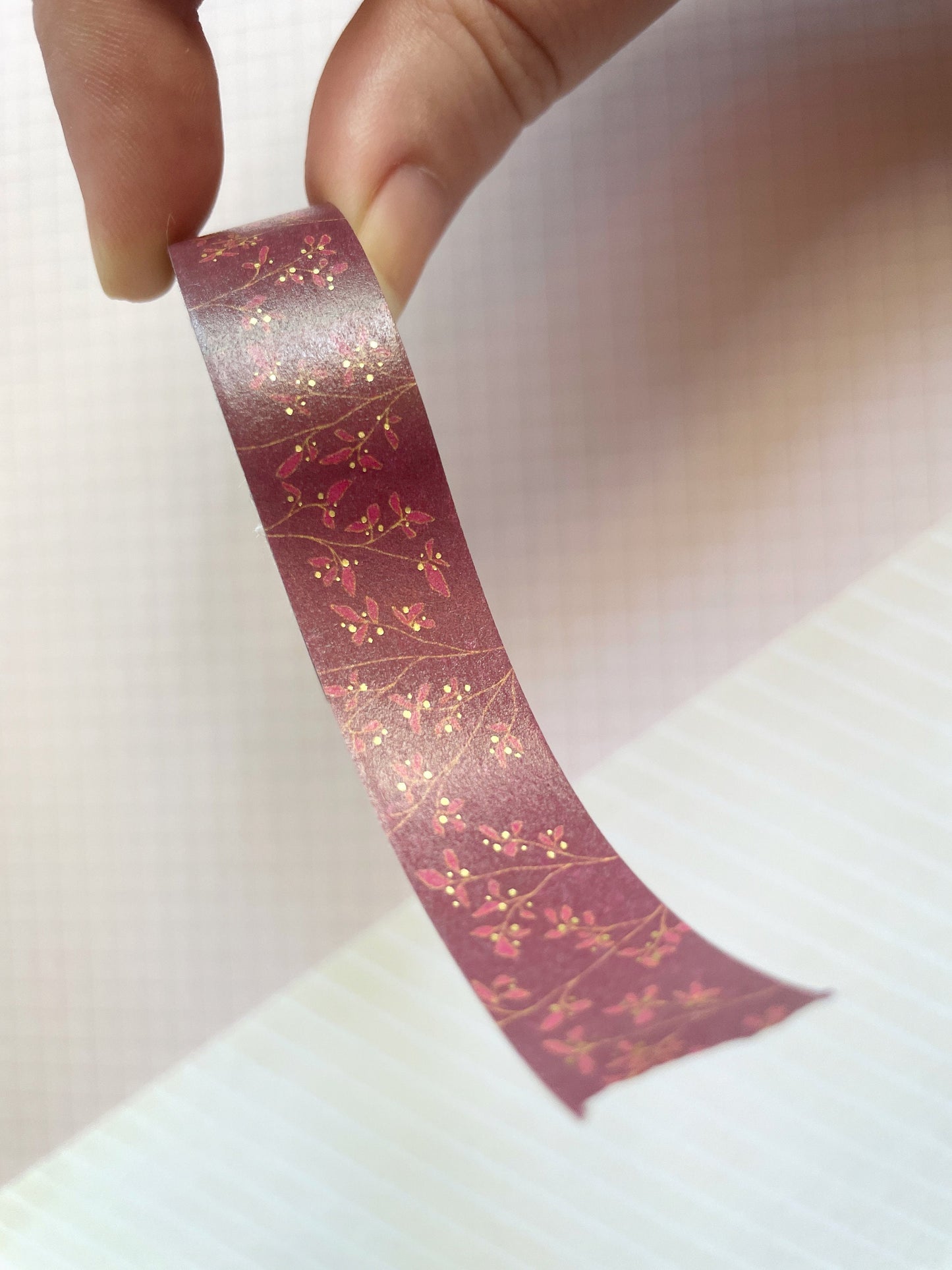 Ruby Leaves with Gold Foil Details Standard 15mm Washi Tape