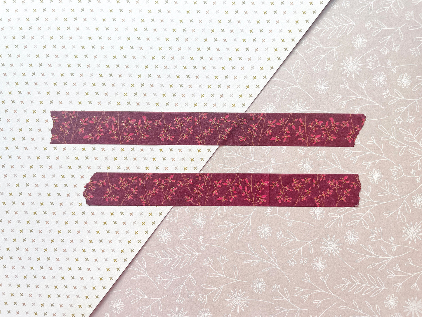 Ruby Leaves with Gold Foil Details Standard 15mm Washi Tape