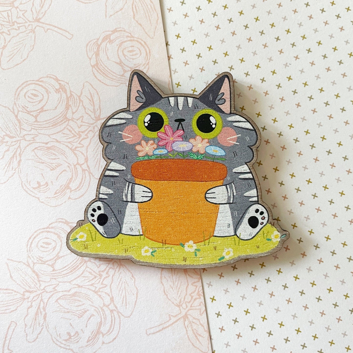 Grey Tabby Cat Holding Potted Flowers Wooden Magnet or Pin