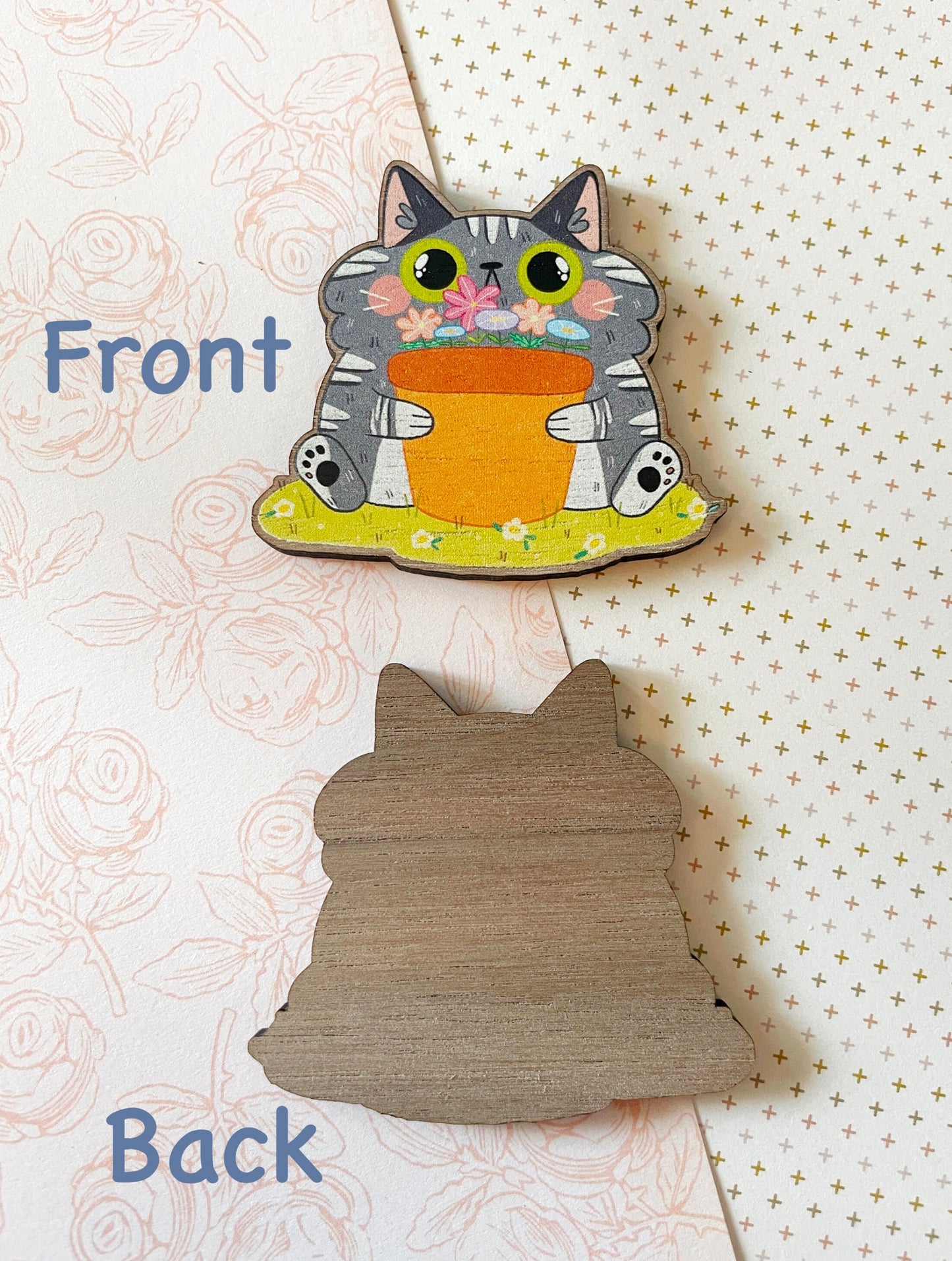 Grey Tabby Cat Holding Potted Flowers Wooden Magnet or Pin