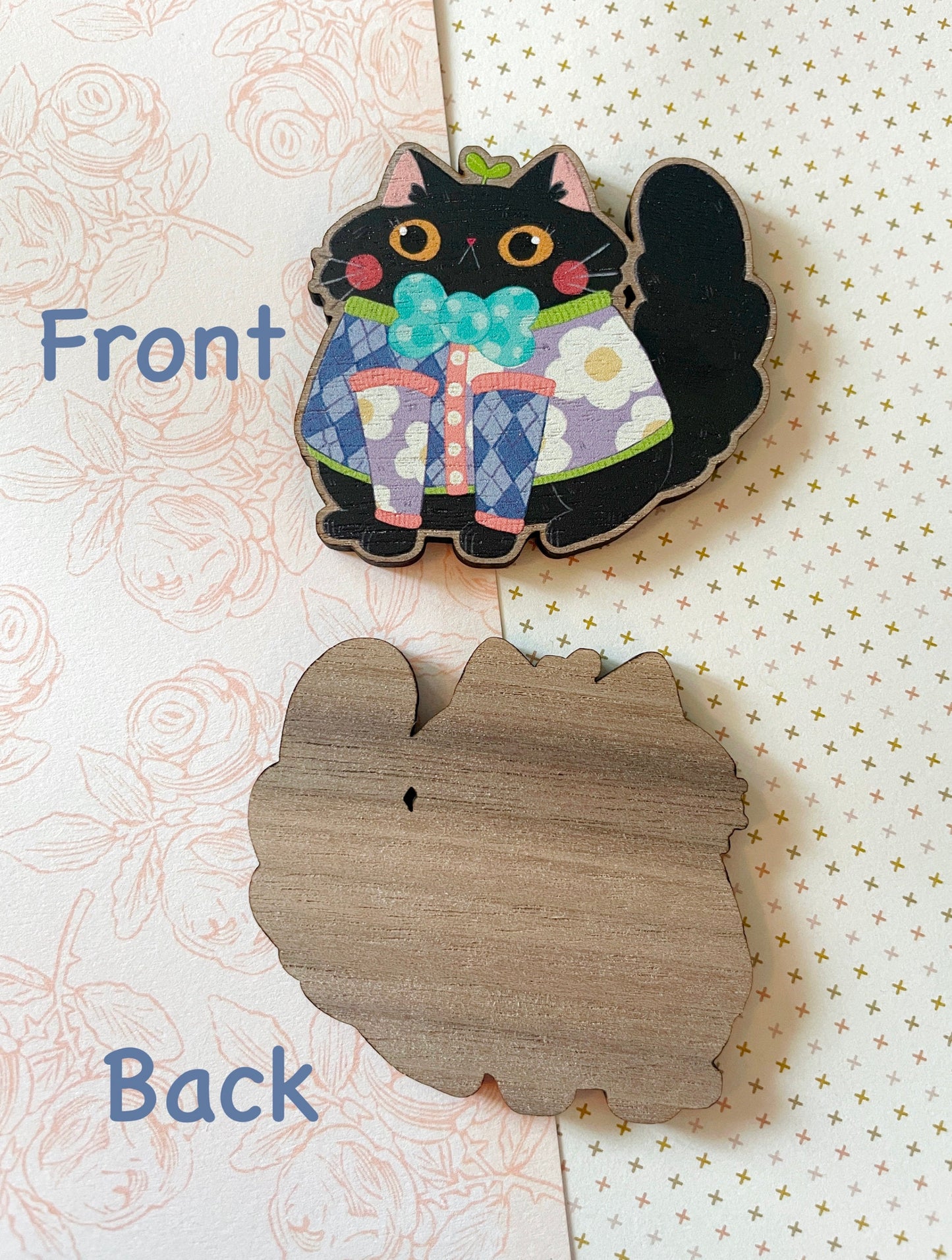 Black Fluffy Cat in Funky Sweater Wood Pin or Magnet