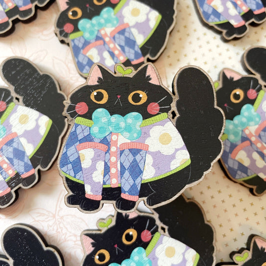 Black Fluffy Cat in Funky Sweater Wood Pin or Magnet