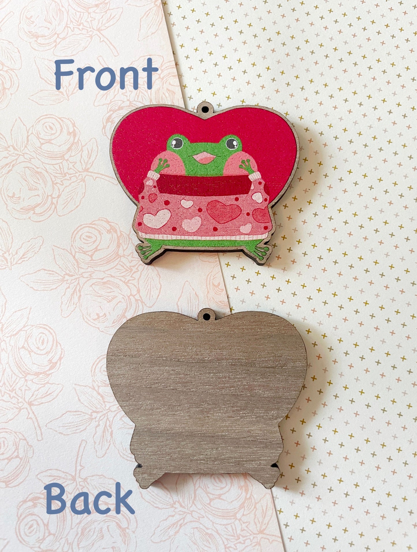 Green Frog Valentine Heart Sweater Wood Keychain Charm