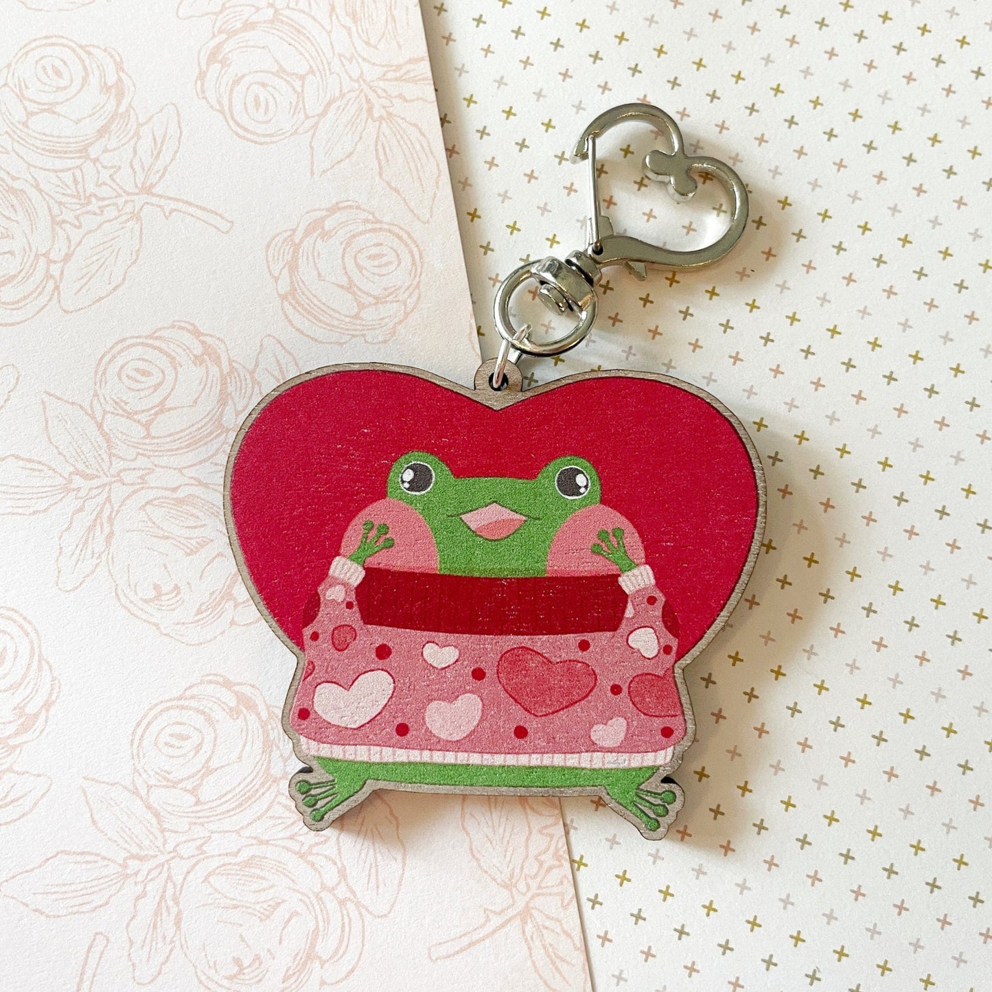 Green Frog Valentine Heart Sweater Wood Keychain Charm