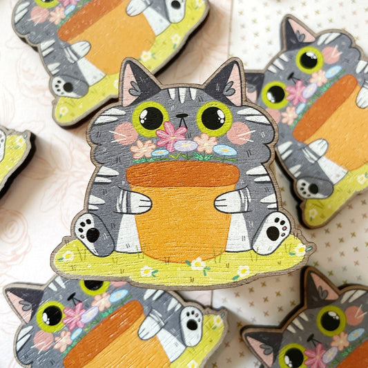 Grey Tabby Cat Holding Potted Flowers Wooden Magnet or Pin