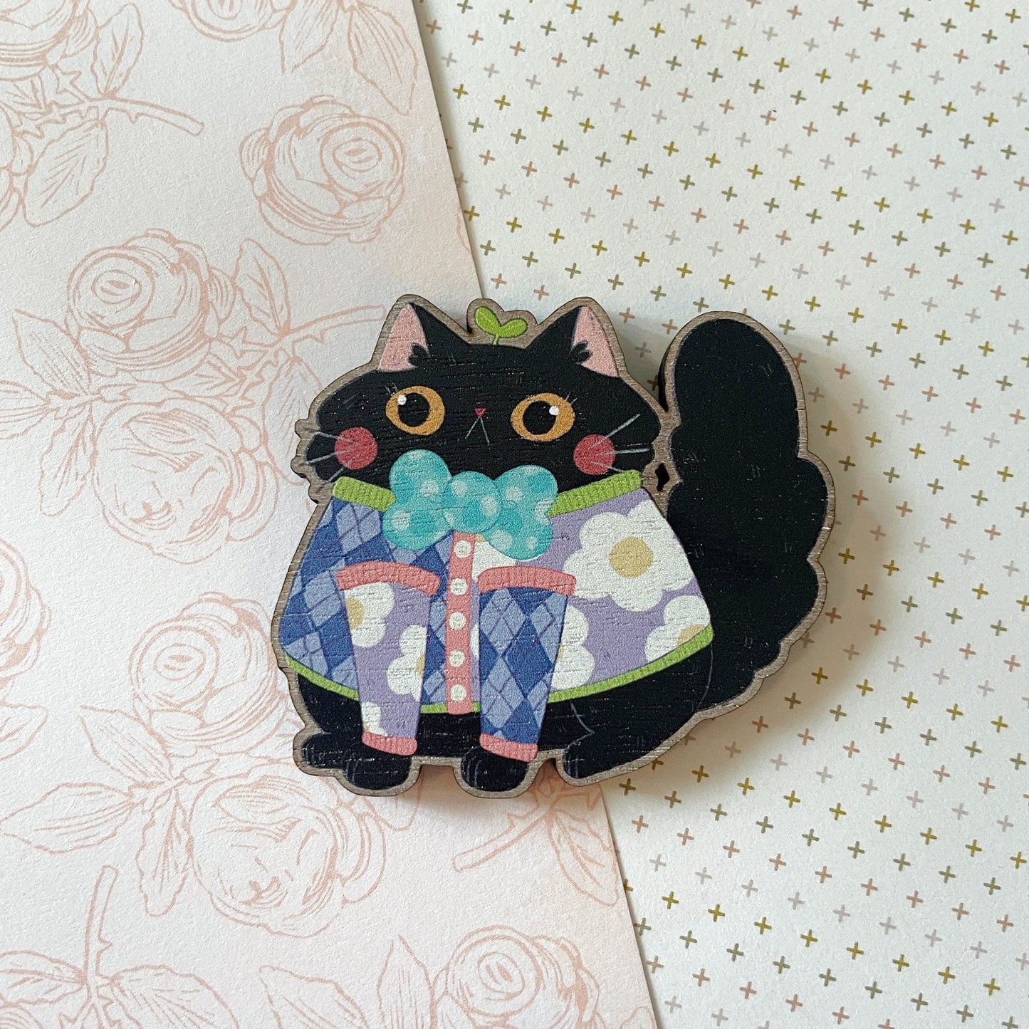 Black Fluffy Cat in Funky Sweater Wood Pin or Magnet