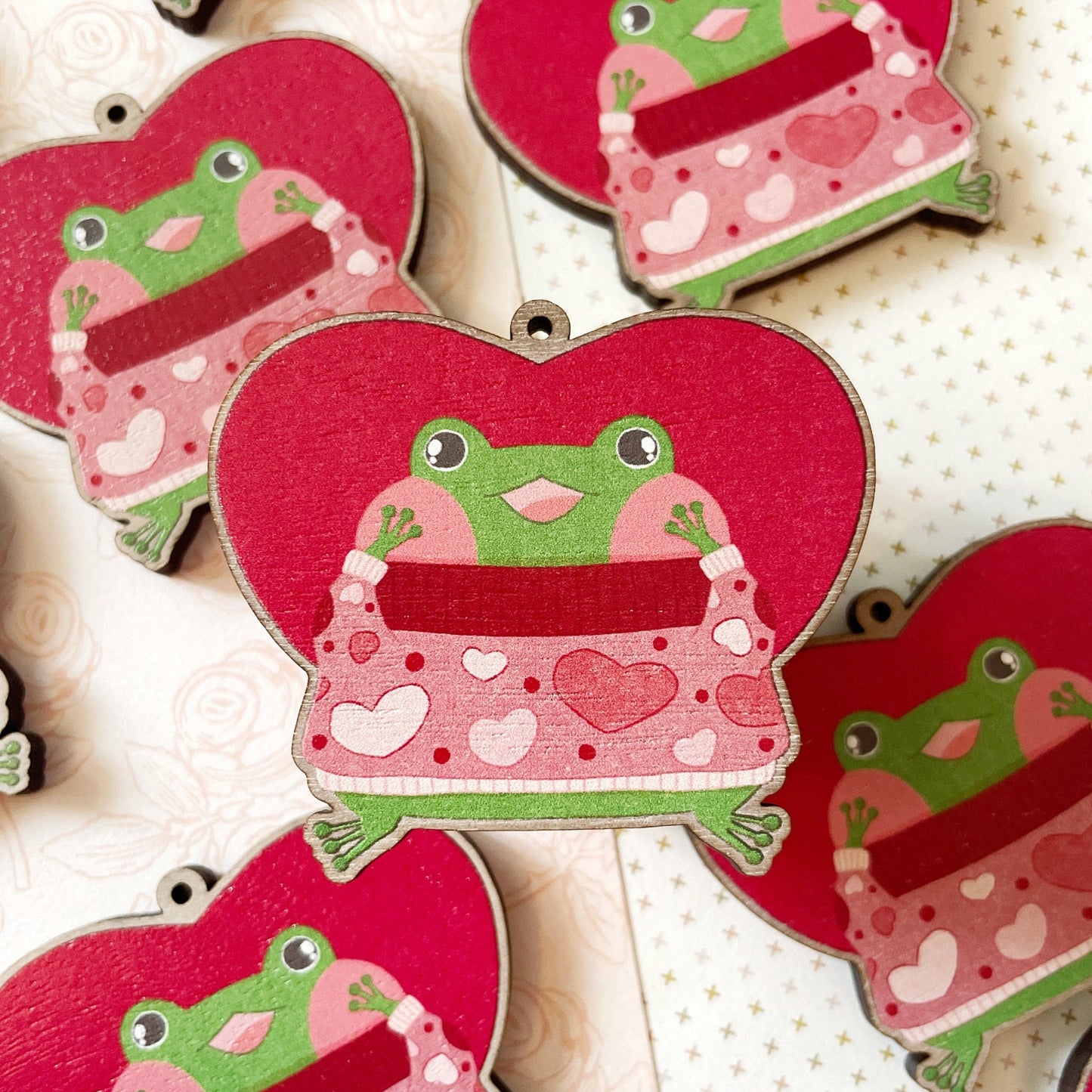 Green Frog Valentine Heart Sweater Wood Keychain Charm