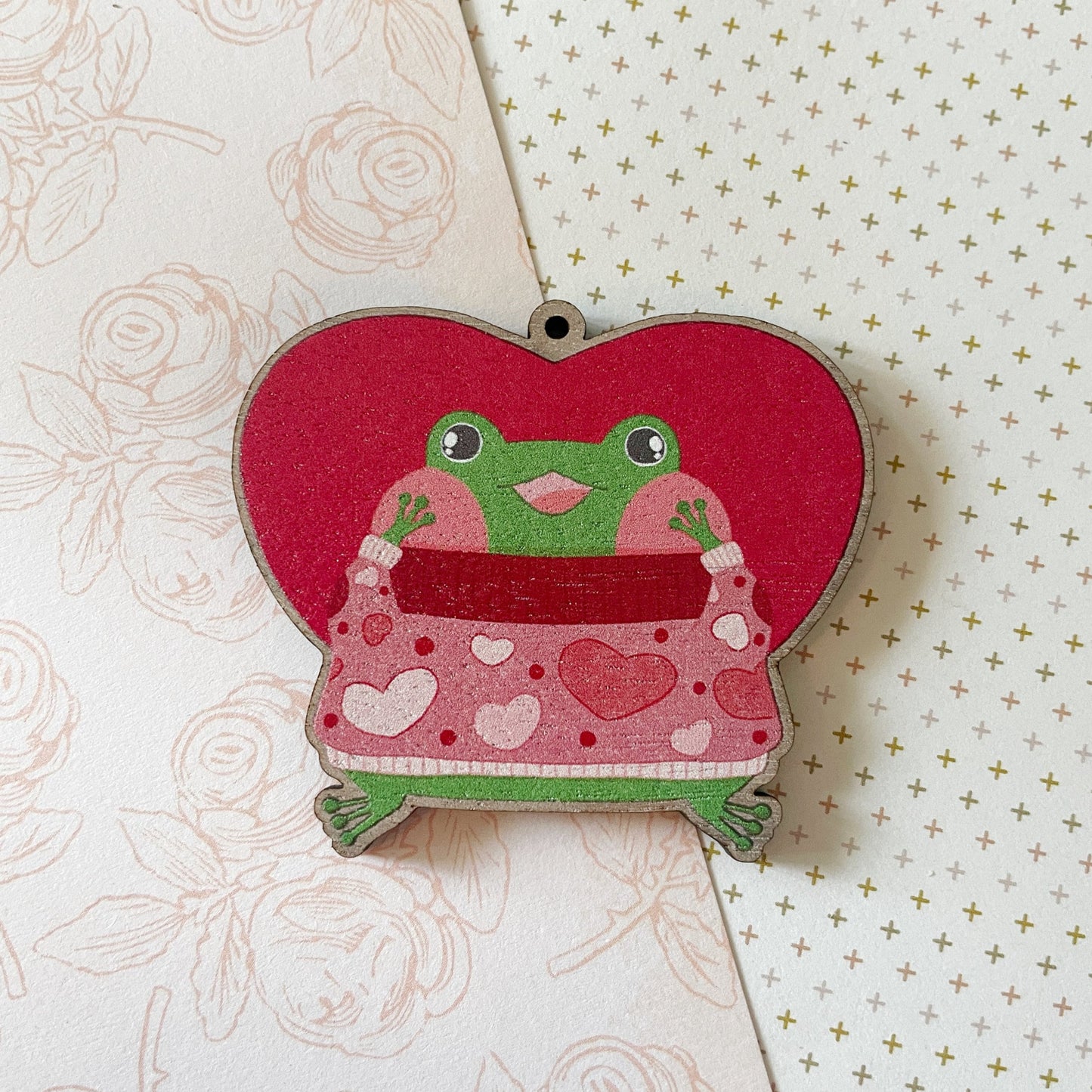 Green Frog Valentine Heart Sweater Wood Keychain Charm