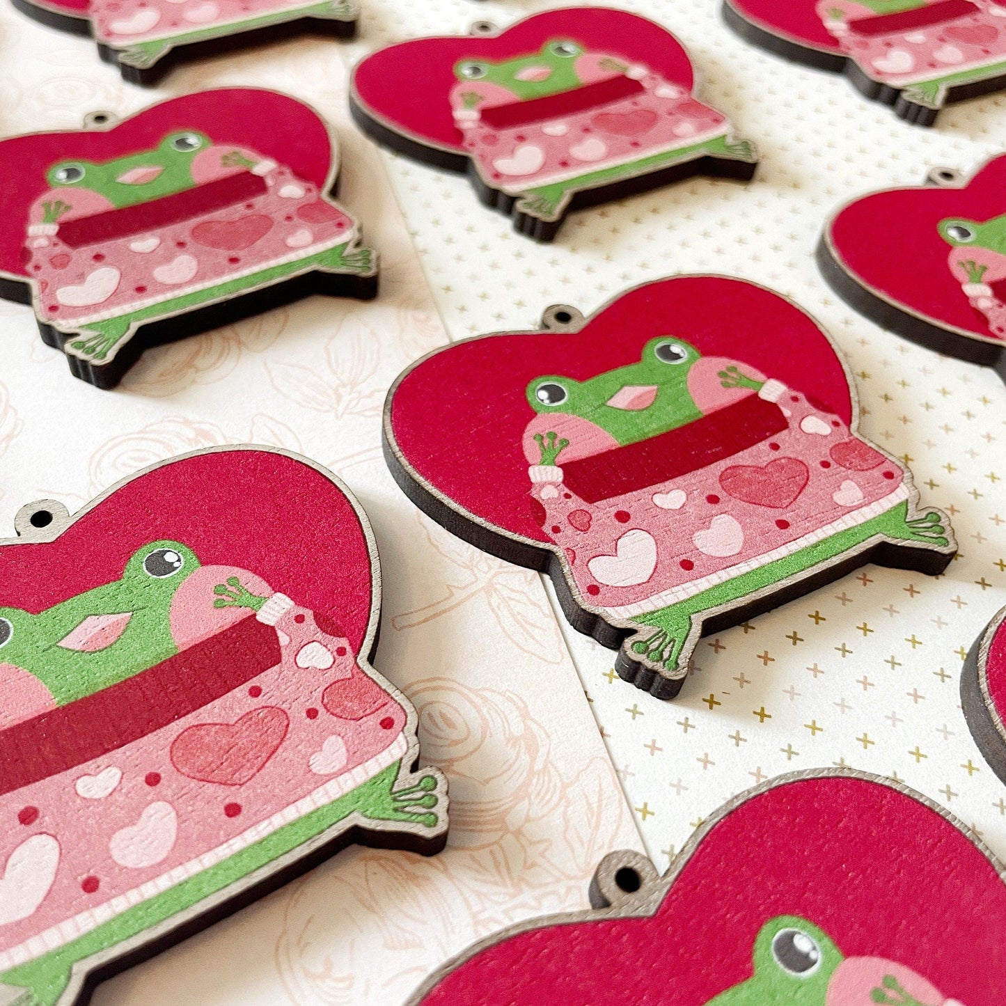 Green Frog Valentine Heart Sweater Wood Keychain Charm